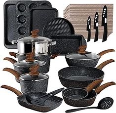 an assortment of pots, pans and utensils are shown in this image