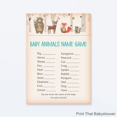 a baby shower game with animals on it