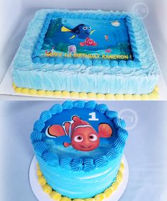 two birthday cakes decorated to look like the characters from finding nemo and finding dory