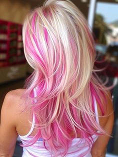 Hair Color Blonde And Pink, Cute Pink And Blonde Hair, Blonde Hair With Pink Highlights Summer, Hair Inspo Dye, Red Pink Blonde Hair, Pink With Blonde Hair, Hair Pink Highlights, Pink And Platinum Hair, Streaked Hair