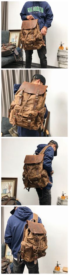 Large Travel Backpack Waxed Canvas Outdoor Backpack Laptop Backpack Hiking Backpack Weekender Backpack Camping Backpack School Backpack Functional Leather Backpack With Pockets For Outdoor Activities, Khaki Leather Backpack For Outdoor Activities, Brown Large Capacity Backpack For Adventure, Brown Backpack With Adjustable Strap For Outdoor Activities, Durable Khaki Backpack For Travel, Brown Backpack With Adjustable Strap For Outdoor, Outdoor Leather Waterproof Backpack, Khaki Outdoor Backpack With Adjustable Strap, Rugged Adventure Bag With Pockets