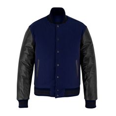 customized varsity jackets Classic Navy Varsity Jacket For Fall, Black Fall Outerwear With Contrast Panels, Blue Leather Outerwear For Streetwear, Black Outerwear With Contrast Panels For Fall, Blue Leather Streetwear Outerwear, Blue Long Sleeve Outerwear With Contrast Stitching, Classic Navy Outerwear For College, Classic Blue Leather Outerwear, Fitted Black Outerwear With Contrast Trim