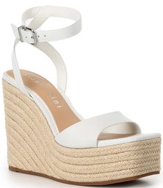 From Gianni Bini&#x2C; the Senna Leather Jute Platform Wedge Sandals feature:Leather upperAnkle strap with functional buckle closureSquare toe constructionSynthetic lining4mm padded memory foam sockRubber outsoleJute covered platform & wedge heelApprox 1.57" platform heightApprox 4.27" heel heightImported. White Wedge Shoes, Platform Wedges Shoes, Nice Sandals, Platform Wedge Heels, Sandal Platform, Fresh Shoes, Girly Shoes, Wedge Heel Sandals, Gianni Bini