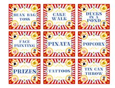 six circus themed coupons with the words cake, pudding and pizzs on them