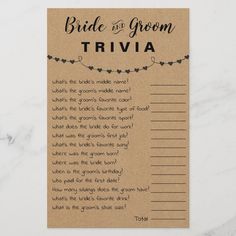 a brown card with the words bride and groom trivia on it