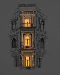 an image of a building that is lit up with the light on it's windows