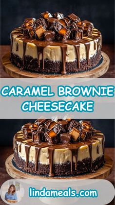 two pictures showing different types of cheesecakes with chocolate and caramel on top