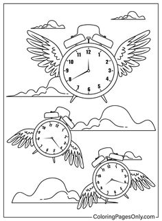 a coloring page with an alarm clock and angel wings in the sky, on top of clouds