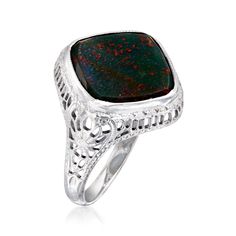 Ross-Simons - C. 1950 Vintage Bloodstone Filigree Ring in 14kt White Gold. Size 5.5. C. 1950. Joining our Estate collection all the way from the Retro era, this sophisticated ring offers a hint of mystique with its fascinating 11x11mm cushion-shaped bloodstone gem. It offers a marbled composition predominantly in earth tones of deep green and red, which stand out against the crisp filigree setting of polished 14kt white gold. 5/8" wide. Bloodstone filigree ring. Exclusive, one-of-a-kind Estate J Classic Polished Opal Ring For Anniversary, Vintage 14k Stamped Opal Ring For Formal Occasions, Vintage Sterling Silver Birthstone Ring For Formal Occasions, Classic Opal Ring With Prong Setting For Anniversary, Classic Opal Ring With Center Stone For Anniversary, Vintage Filigree Ring With Polished Finish For Formal Events, Vintage White Gold Opal Ring For Formal Occasions, Formal Vintage Sterling Silver Birthstone Ring, Vintage Opal Ring With Polished Finish For Formal Occasions