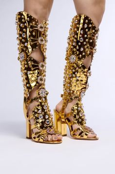 AZALEA WANG NORINNE GOLD EMBELLISHED GLADIATOR OPEN TOE SANDAL BOOT Luxury Gold Heels With Rhinestones, Gold Studded Heels For Party, High Heels Ankle Boots, Gladiator Sandals Heels, Azalea Wang, Gladiator Heels, Boots High Heels, Chunky High Heels, High Heel Boots Ankle