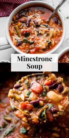 minestone soup in a white bowl with a ladle full of soup and the title above it reads, minestone soup