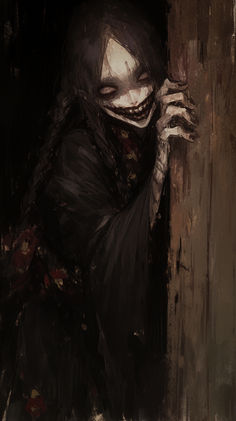 a painting of a creepy woman peeking out from behind a wooden door with her hands on the wall