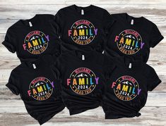 six family t - shirts with the word family printed on them, all in different colors