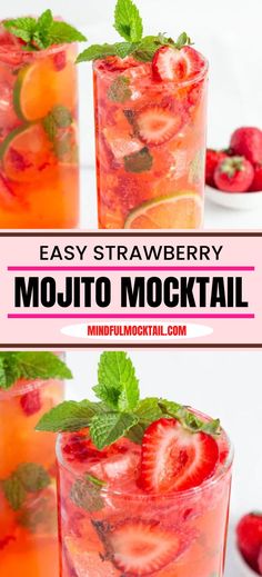 strawberry mojito cocktail with mint garnish on the rim and strawberries