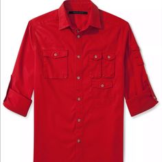 Sean John Red Button Down, Tailored Fit Red Cotton Tops With Button Cuffs, Red Collared Top With Button Cuffs, Red Collared Shirt With Pockets, Red Long Sleeve Shirt With Button Cuffs, Red Button-up Top With Pockets, Red Snap Button-up Shirt, Utility Shirt, Sean John, Cargo Shirts