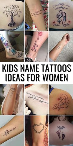 many different tattoos on the back of women's bodies and arms, with words written in