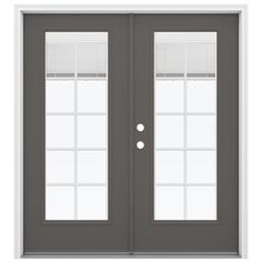 a double door with two sidelights and blinds on the top, in gray color