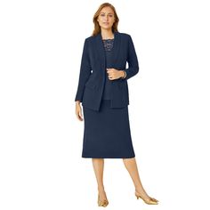 The crepe texture of this skirt suit gives it a sophisticated yet chic look. Shawl collar with single-button closure. Princess seams and waist darts. Fully lined. Flat-front skirt with contour waistband with back elastic. Back button-and-zip closure, back walking vent. Textured crepe.