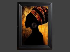 This striking digital art piece features the elegant silhouette of an African woman adorned in a bold, patterned headwrap and large statement earrings. Her profile is depicted against a vibrant, textured background of deep orange and yellow tones, creating a captivating contrast. The use of geometric elements adds a modern touch, while the essence of African culture and heritage shines through. This artwork celebrates the beauty, strength, and grace of African women, making it a powerful additio African Woman Art, African Women Art, Large Statement Earrings, Geometric Elements, Deep Orange, Woman Art, Yellow Tones, African Culture, Orange And Yellow