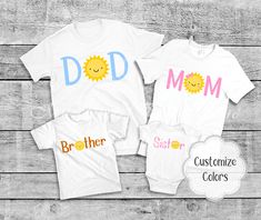 "This adorable you are my sunshine birthday outfit and matching sun family shirts will add the perfect touch to your little ones first trip around the sun themed birthday! Sun designs are made of commercial grade vinyl that is heat pressed to ensure the lifespan of your shirt. This listing also includes the option of adding a tutu & your little loves name to the BIRTHDAY \"One\" & BIRTHDAY \"Two\" shirt if selected from the options menu.  ★ CURRENT Processing time is 3-5 BUSINESS DAYS ★ ~ If you Playful Summer Family T-shirt, Personalized Family Matching T-shirt For Summer, Playful Family T-shirt For Summer, Playful Summer T-shirt For Family Events, Personalized Family T-shirt For Summer, Fun T-shirt For Summer Gender Reveal, Fun Summer Tops For Gender Reveal, Customizable Playful Summer Tops, Yellow Tops For Summer Birthday