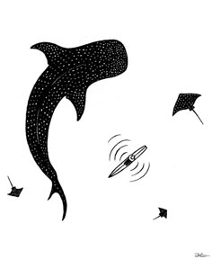 a black and white drawing of a shark with an umbrella in it's mouth