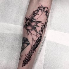 Black and grey gothic dark style weapon flail arm tattoo. Instagram: blackvanillatattoo Forearm Dark Tattoo, Dark Art Leg Sleeve Tattoo, Black And Grey Dark Tattoos, Black And Grey Spooky Tattoo, Swords Gothic Tattoo, Tattoo Instagram, Dark Style, Dark Tattoo