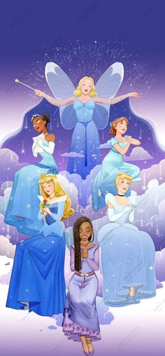 an image of the disney princesses in their blue dresses