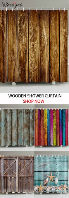 the wood paneled bathroom shower curtain is colorful