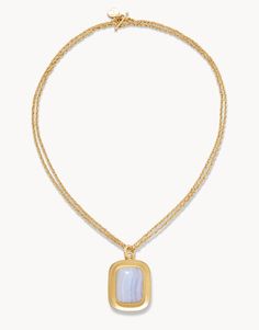 18 KT Matte Gold Plated  Toggle Closure  Length 36 in.  Blue Chalcedony  Semi-Precious  Style #487235 Christian Ornaments, Spartina 449, Chalcedony Stone, Double Up, Necklace Blue, Memorial Keepsakes, Blue Chalcedony, Accessories Jewelry Necklace, Short Necklace