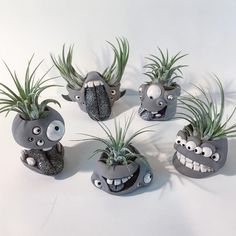 four cement planters with plants in them on a white surface, one has eyes and the other has teeth