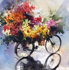 a painting of flowers in a bicycle basket