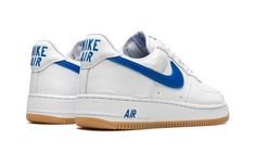 The Nike Air Force 1 Low “Color of the Month - Royal” is a timeless look for the iconic shoe that takes inspiration from the “Color of the Month” series from 1984.  The collection in question was created by Baltimore sneaker shops back in the day to help save the Air Force 1 from becoming obscure in the years following its days as a performance basketball shoe.  The “Royal” version features a white leather construction with a contrasting Royal leather Swoosh.  The blue “Nike Air” branding on the Royal Shoes, Blue Nike Air, Color Of The Month, Nike Casual, Cute Nike Shoes, Nike Air Force 1 07, Cute Nikes, Nike Air Force 1 Low, Air Force Ones