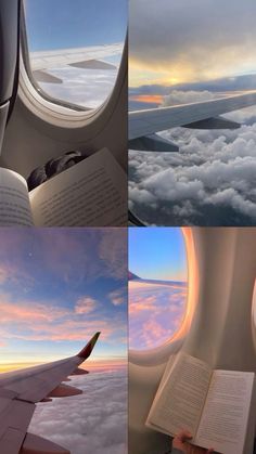 the view from an airplane window looking out at clouds and sky with a book in it's hand