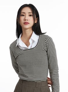 Product Detail Discover the perfect addition to your women's fashion collection with this casual striped long sleeve U neck top. Ideal for back to school occasions, this slim fit top is designed to give you a sleek and stylish look. Style : Casual Occasion : Back to school Type : TShirts Print : Stripe Material : Cotton Sleeve : Long sleeve Neck : U neck Length : Regular Fit : Slim fit Cotton100 Color : Dark brown, Gray, Black Made in Korea Model Size Model is wearing size S/M and the color Dark Trendy Striped Hem Tops For Fall, Trendy Fall Tops With Striped Hem, Striped Hem Tops For Workwear In Fall, Trendy Tops With Contrast Stripes For Work, Striped Hem Tops For Fall Workwear, Trendy Horizontal Stripe Top For Fall, Fall Workwear Tops With Striped Hem, Striped Stretch Tops For Work, Stretch Striped Tops For Work