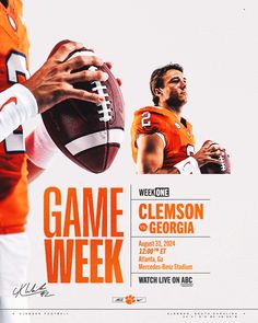 an advertisement for the game week event with two football players in orange and white uniforms