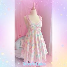 Kawaii Sleeveless Party Dress, Sleeveless Kawaii Party Dresses, Cute Chiffon Party Dress, Sweet Party Dress With Ruffle Hem, Multicolor Party Dress With Ruffled Straps, Cute Pink Chiffon Dress, Kawaii Ruffle Dress For Garden Party, Cute Party Dresses With Ruffled Straps, Cute Pastel Ruffled Dresses