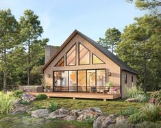 this is a computer rendering of a cabin style home in the woods with large windows and lots of natural greenery