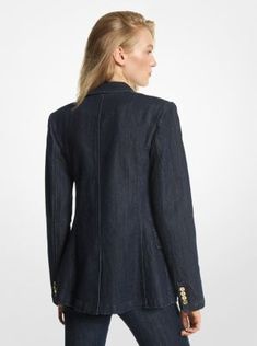 Inject a relaxed element into your work wardrobe with this stretch denim blazer. Rendered in a modern dark-wash denim, it features notched labels and polished buttons that pay homage to more traditional styles. Finished with front pockets, it’s a practical yet polished take on a tailored jacket. Notch Lapel Denim Jacket For Workwear, Spring Formal Denim Blazer, Formal Denim Blazer For Spring, Classic Dark Wash Blazer For Spring, Classic Denim Jacket For Work With Double Button Closure, Dark Wash Denim Blazer For Workwear, Denim Blazer For Fall Workwear, Fall Denim Blazer For Workwear, Classic Dark Wash Blazer For Work