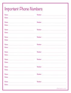 the important phone numbers list is shown in this pink and white printable poster, which includes