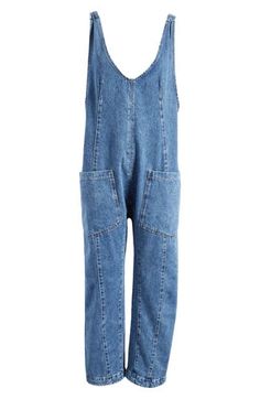 Rock a casual-cool vibe in this nonstretch-denim jumpsuit designed with front patch pockets and buckle straps. 46" length; 27" inseam; 17" leg opening (size Medium) V-neck Adjustable buckle straps; side button closures 100% cotton Machine wash, tumble dry Imported Cheap Relaxed Fit Denim Jumpsuit, Free People Denim Jumpsuit, High Roller Jumpsuit, Utility Denim Jumpsuit With Side Pockets, Denim Blue Bib Front Jumpsuit And Rompers, Utility Denim Jumpsuit With Patch Pockets, Medium Wash Denim Overalls With Side Pockets, Casual Denim Jumpsuits And Rompers With Side Pockets, Denim Blue Bib Front Utility Jumpsuit