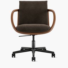 an office chair with wooden arms and black casteors on wheels, against a white background