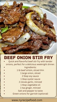 beef onion stir fry on a white plate