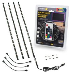 the kit includes four different colored lights and an assortment of wires to use with the projector