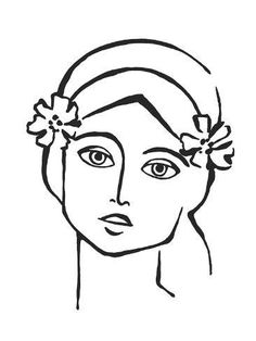 a black and white drawing of a woman's face with flowers in her hair