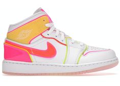 Jordan 1 Mid Edge Glow (GS) - CV4611-100 Jordan 1 Mid Edge Glow, Rosa Jordans, Neon Nike Shoes, Cute Jordans, Pink Jordans, Pretty Sneakers, Nike Shoes Girls, Trendy Shoes Sneakers, Preppy Shoes