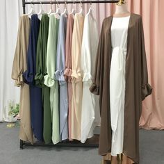 Satin Kimono Abaya Open Muslim Long Dress Puff Sleeve Abayas for Women Dubai Luxury Turkey Ramadan Satin Hijab Dress, Modest Clothing Muslim, Abaya Kimono Dubai, Abaya Dress Muslim, Elegant Satin Dress, Satin Cardigan, Eid Fashion, Satin Hijab, Casual Abaya