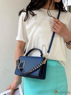 BirdinBag - Compact Flap Bag with Chain and Metal Embellishments Elegant Top Handle Bag With Chain, Elegant Handheld Shoulder Bag With Chain, Elegant Shoulder Bag With Chain, Elegant Handheld Chain Shoulder Bag, Party Crossbody Satchel With Chain Strap, Daily Use Handheld Satchel With Chain Strap, Elegant Rectangular Satchel With Chain, Elegant Blue Bag With Chain Detail, Blue Evening Bag With Chain Detail