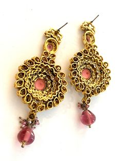 "Absolutely Amazing Huge Pink & Ice Crystal Victorian Revival 80s 90s Glam Statement Earrings, Ornate Brass Rose Glass Teardrop with Moonglow Dangles by Aroosa Large - 4.25 inches x 1.75\" inches These earrings are heavy and were handmade Unworn Old Stock on Original Card! I recently found these beautiful high end earrings (and a few others) in the back room of a wonderful 40+ year old store in NYC's Costume Jewelry District! Very exciting day! In excellent collected vintage condition Arrive Vintage Pink Jewelry For Festivals, Pink Drop Earrings For Celebration, Pink Danglers For Celebration, Pink Danglers For Pierced Ears, Pink Teardrop Earrings For Festival, Pink Bohemian Danglers For Party, Victorian Teardrop Earrings, Pink Teardrop Festival Earrings, Pink Victorian Jewelry In 14k Gold