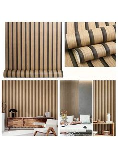 four different views of a living room with striped wallpaper