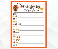 a printable thanksgiving emoj game with an orange frame and turkeys on it